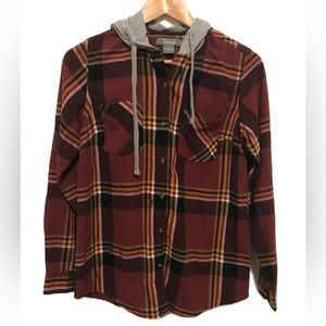 NATURAL REFLECTIONS Hooded Button-Up Plaid Flannel Shirt - Gray and Maroon Plaid